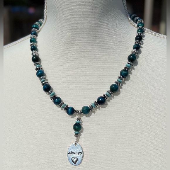 Blue Tigers Eye and Silver Necklace and Earrings Set Handmade - Picture 7 of 16